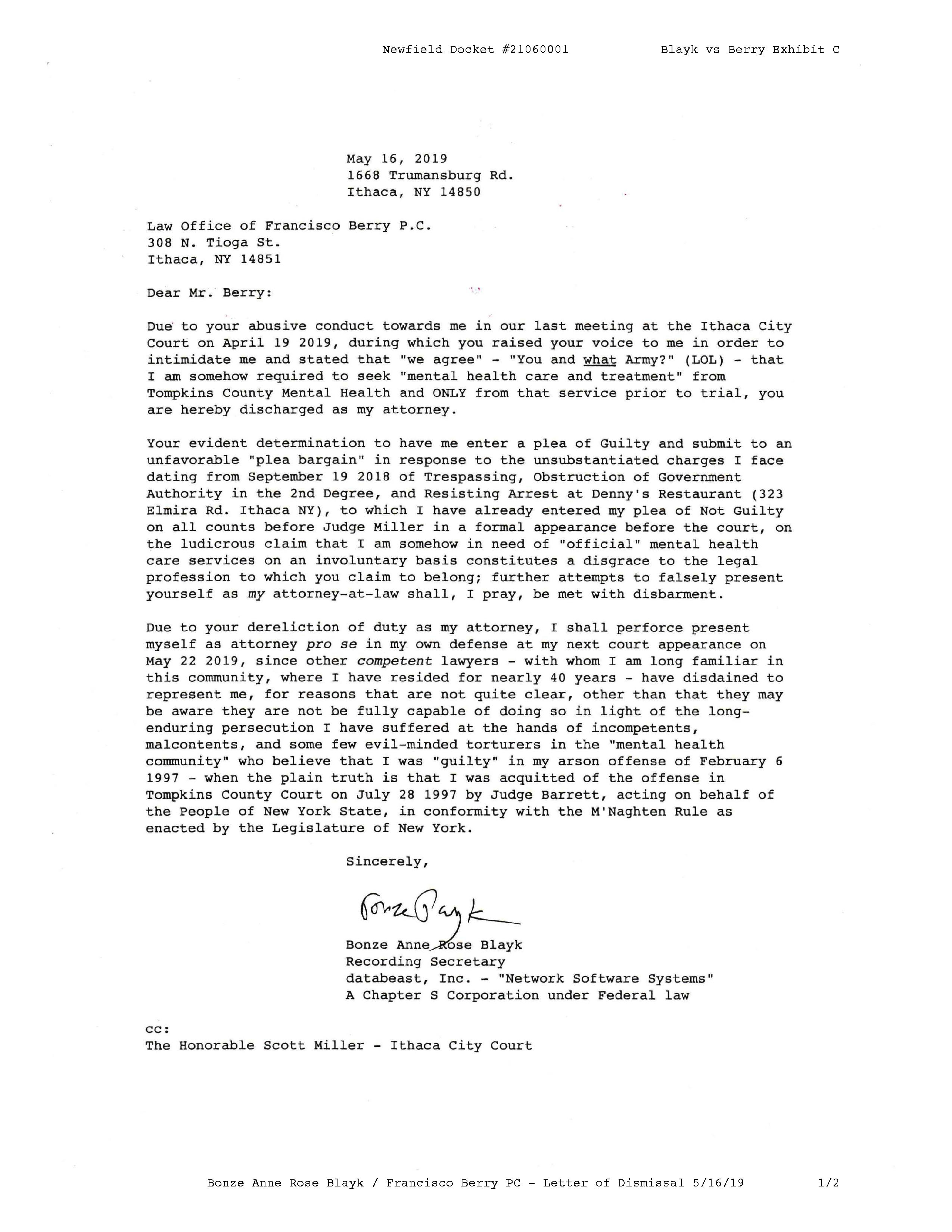 ./Blayk vs Berry Exhibit C - 2019-05-16 - MISREPRESENTATION - Bonze Anne Rose Blayk to Francisco Berry PC re representation in CR-03865-18 - Letter of Dismissal_Page_1.png